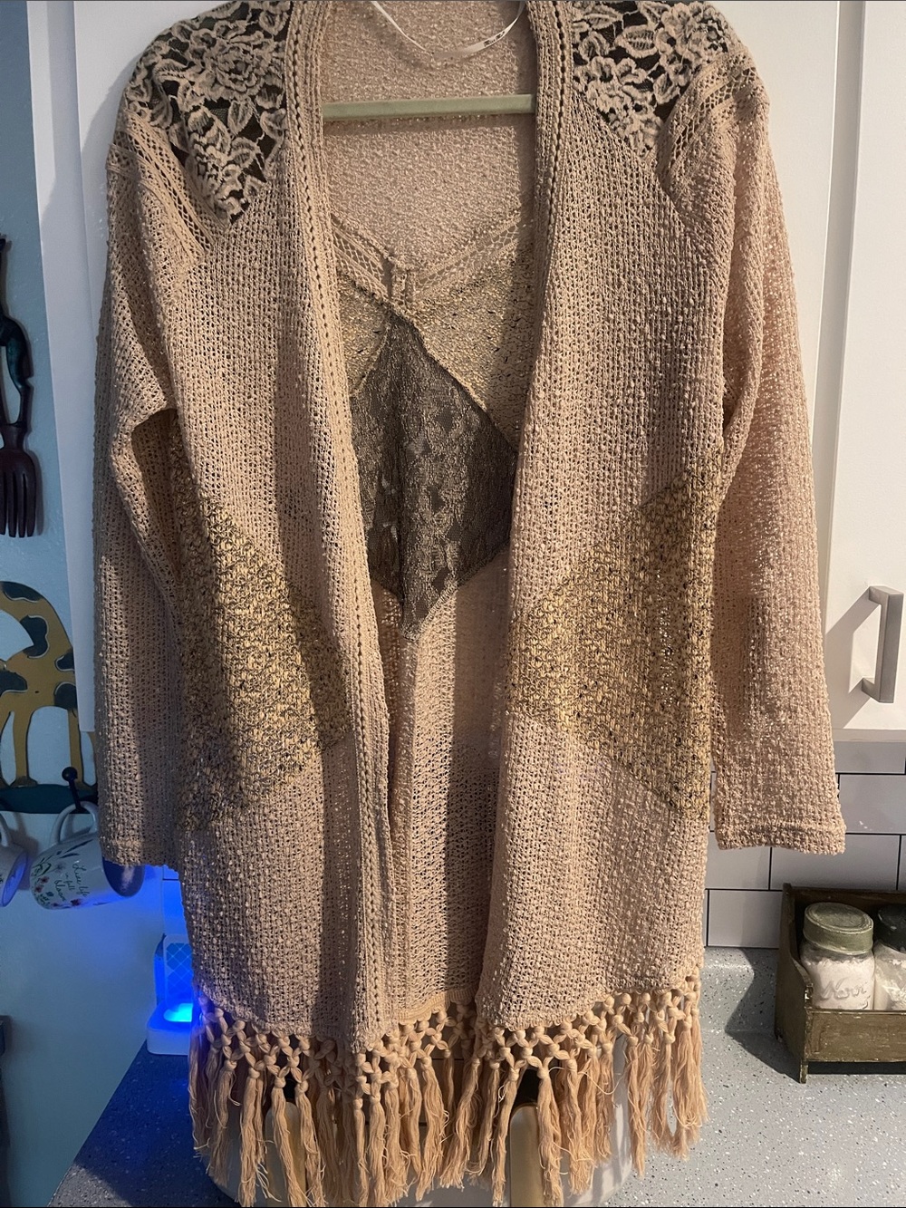 Miss Me Tan Crochet Fringe Open Cardigan